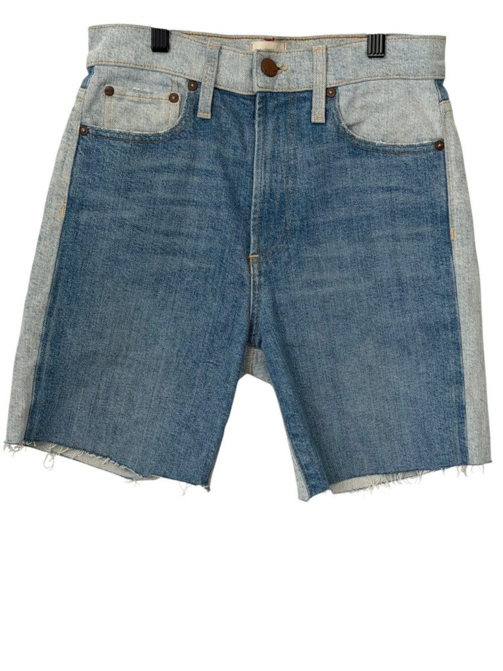 AO.LA Alice+Olivia Amazing Two-Tone Hi Rise Raw Hem Denim Short Lite Wash USA 27
